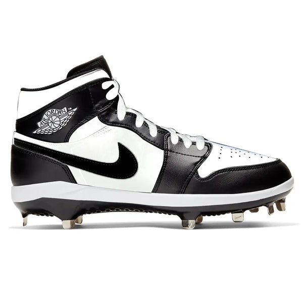 Black and white Panda Jordan 1 Retro Cleats displayed on a plain background