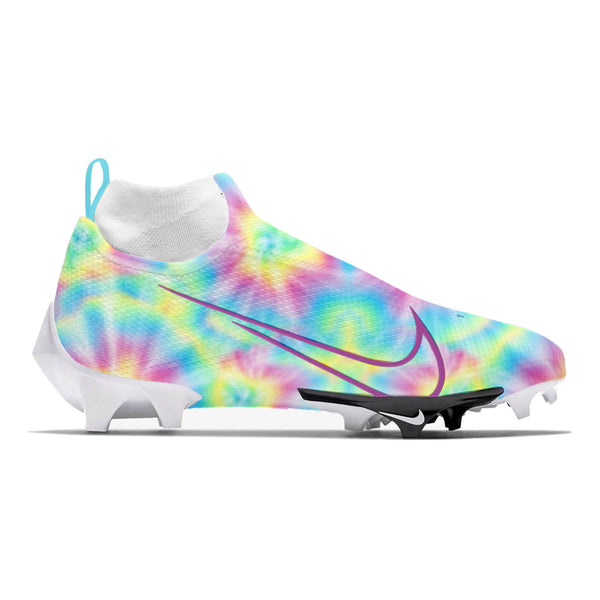 Custom painted Pastel Tie Dye Nike Vapor Edge Pro 360 football cleats with rainbow swirl tie dye pattern and magenta Swoosh by Stadium Custom Kicks