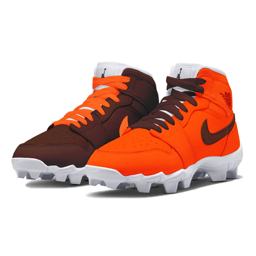 Orange and brown high-top cleats with white soles on a white background