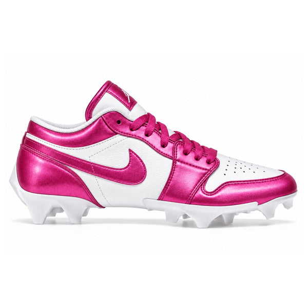 White and pearlescent magenta Jordan 1 Vapor Edge Low cleats with metallic pink Swoosh matching laces and white cleat plate side view by Stadium Custom Kicks