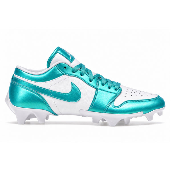 White and pearlescent turquoise Jordan 1 Vapor Edge Low football and lacrosse cleats with turquoise Swoosh matching laces and white cleat plate side view by Stadium Custom Kicks