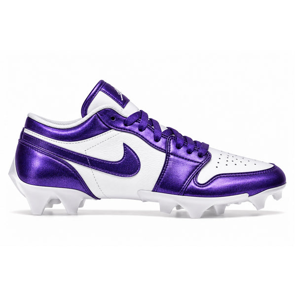 White and pearlescent violet Jordan 1 Vapor Edge Low football and lacrosse cleats with metallic purple Swoosh matching laces and white cleat plate side view by Stadium Custom Kicks