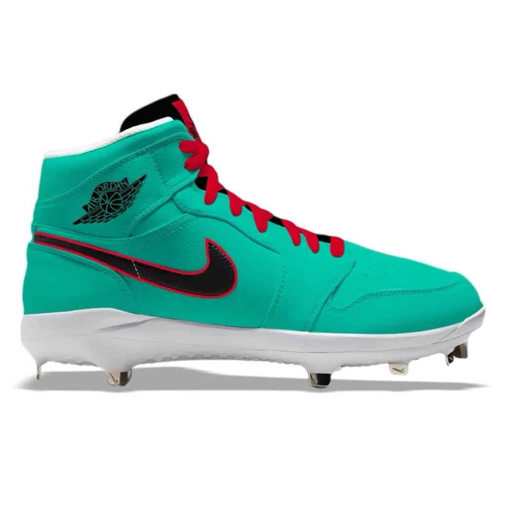 Turquoise cleat with red laces and black Nike logo on a white background