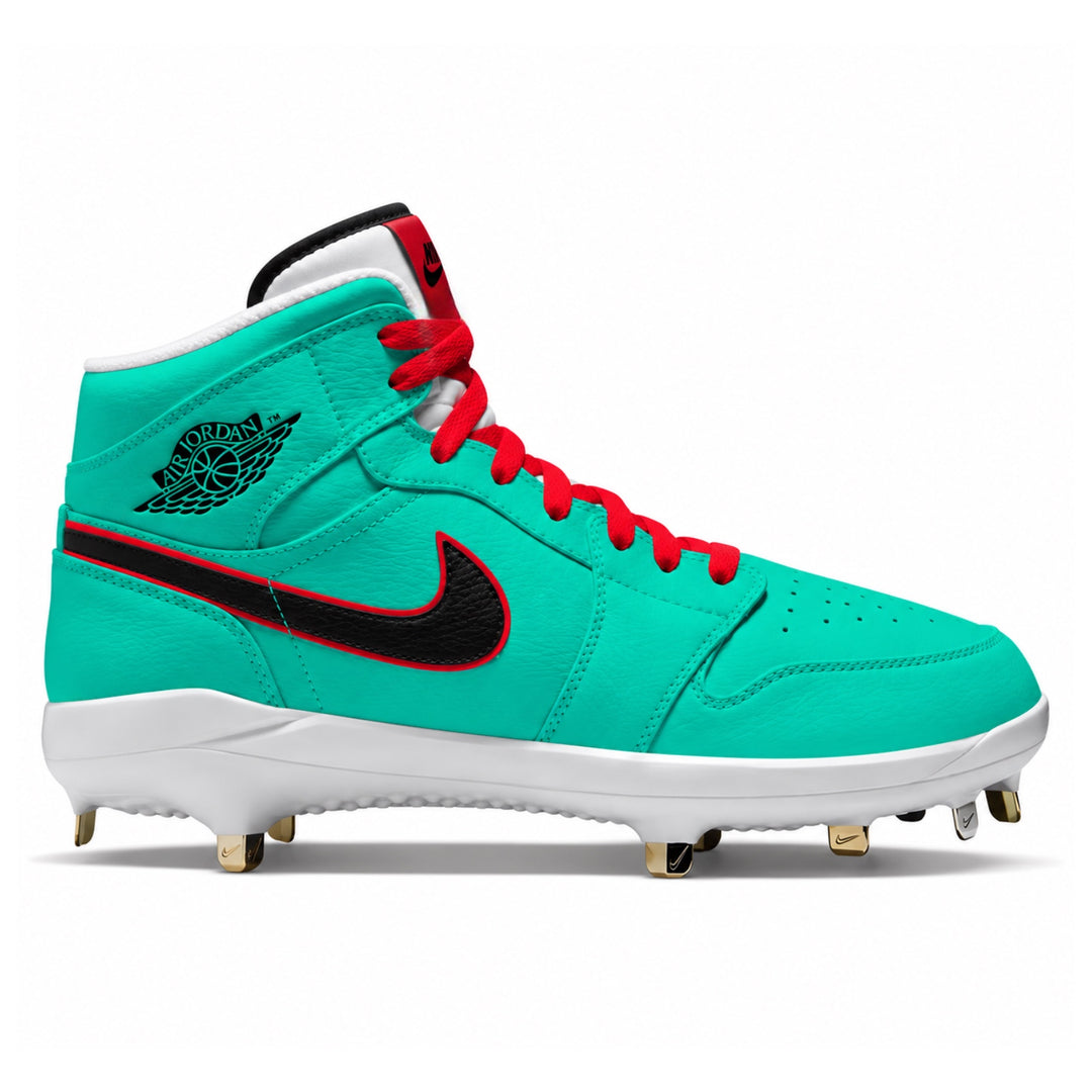 A high-top baseball cleat featuring a vibrant turquoise green upper, a black Nike Swoosh outlined in red, red laces, a black Jumpman logo on the side, and a white midsole with gold cleats.