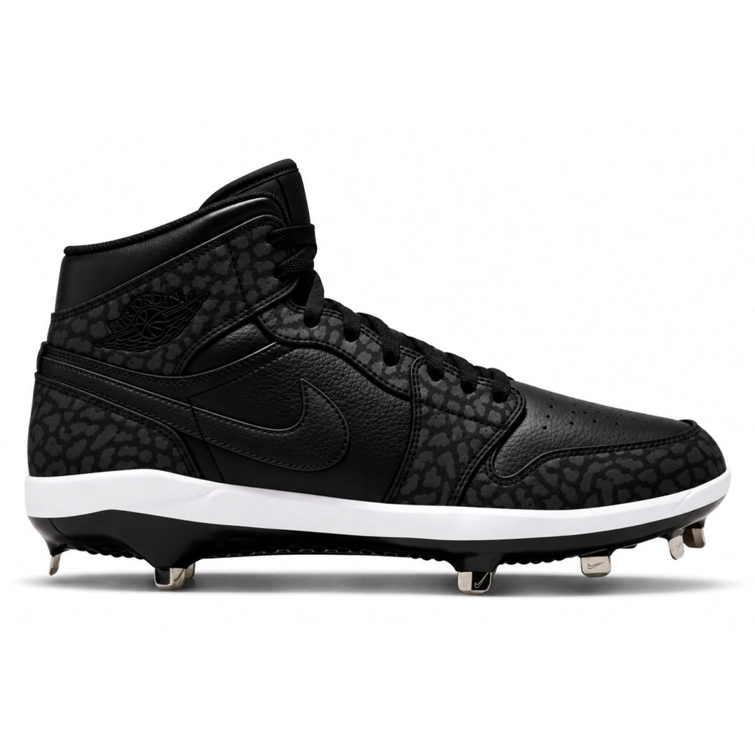 Black Jordan 1 Retro baseball cleats with tonal black elephant print black Swoosh black laces white midsole and metal spikes side view by Stadium Custom Kicks