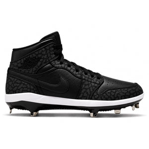 Black Jordan 1 Retro baseball cleats with tonal black elephant print black Swoosh black laces white midsole and metal spikes side view by Stadium Custom Kicks