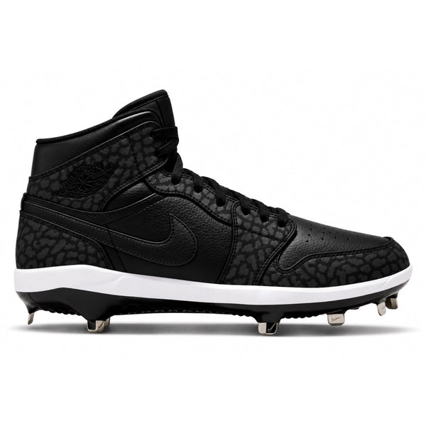 Black Jordan 1 Retro baseball cleats with tonal black elephant print black Swoosh black laces white midsole and metal spikes side view by Stadium Custom Kicks