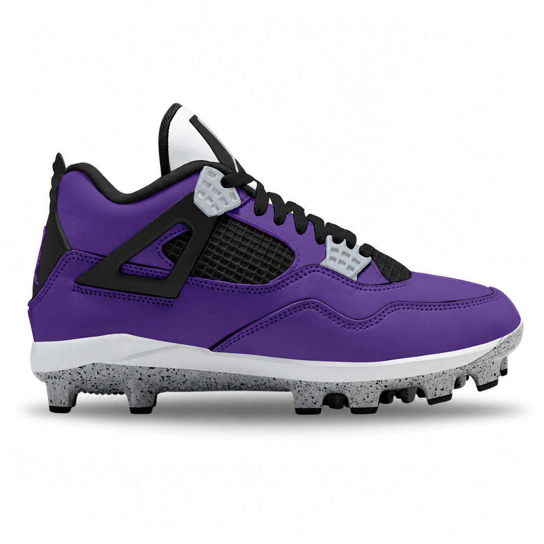 A purple and black Nike Air Jordan 4 retro baseball cleat with a white midsole and gray speckled outsole, shown in a side profile on a white background.