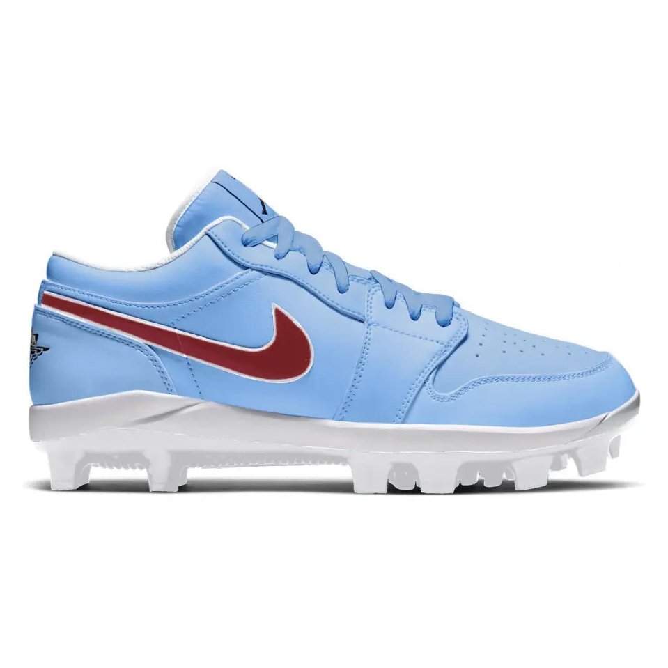 Hand-painted Jordan 1 Retro baseball cleats in a light blue “Philadelphia” colorway, inspired by the Philadelphia Nike Dunk shoes, featuring a maroon Swoosh, white midsole, and molded cleat outsole, side view.
