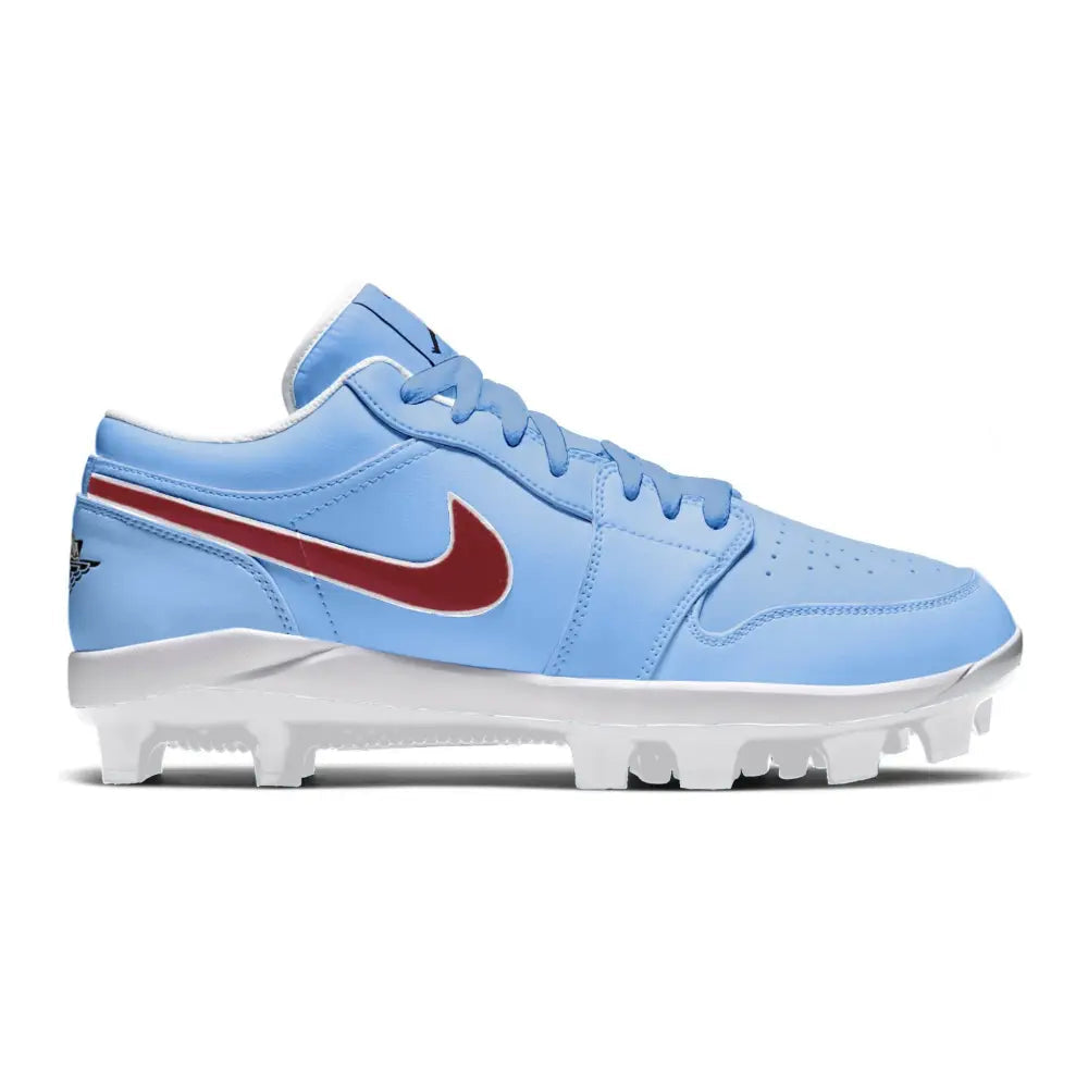 Hand-painted Jordan 1 Retro baseball cleats in a light blue “Philadelphia” colorway, inspired by the Philadelphia Nike Dunk shoes, featuring a maroon Swoosh, white midsole, and molded cleat outsole, side view.