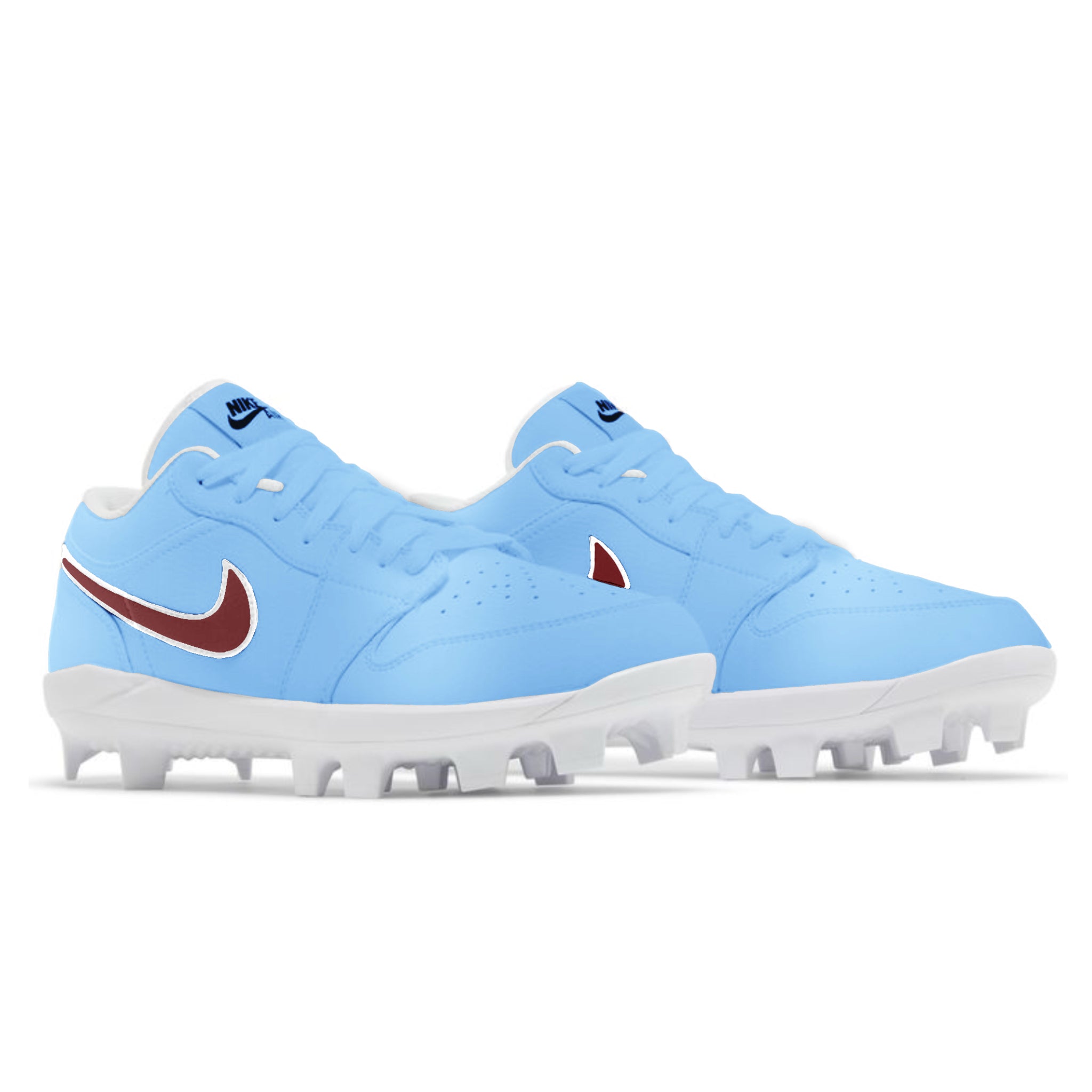 Hand-painted Jordan 1 Retro baseball cleats in a light blue “Philadelphia” colorway, inspired by the Philadelphia Nike Dunk shoes, featuring a maroon Swoosh, white midsole, and molded cleat outsole, angled view.