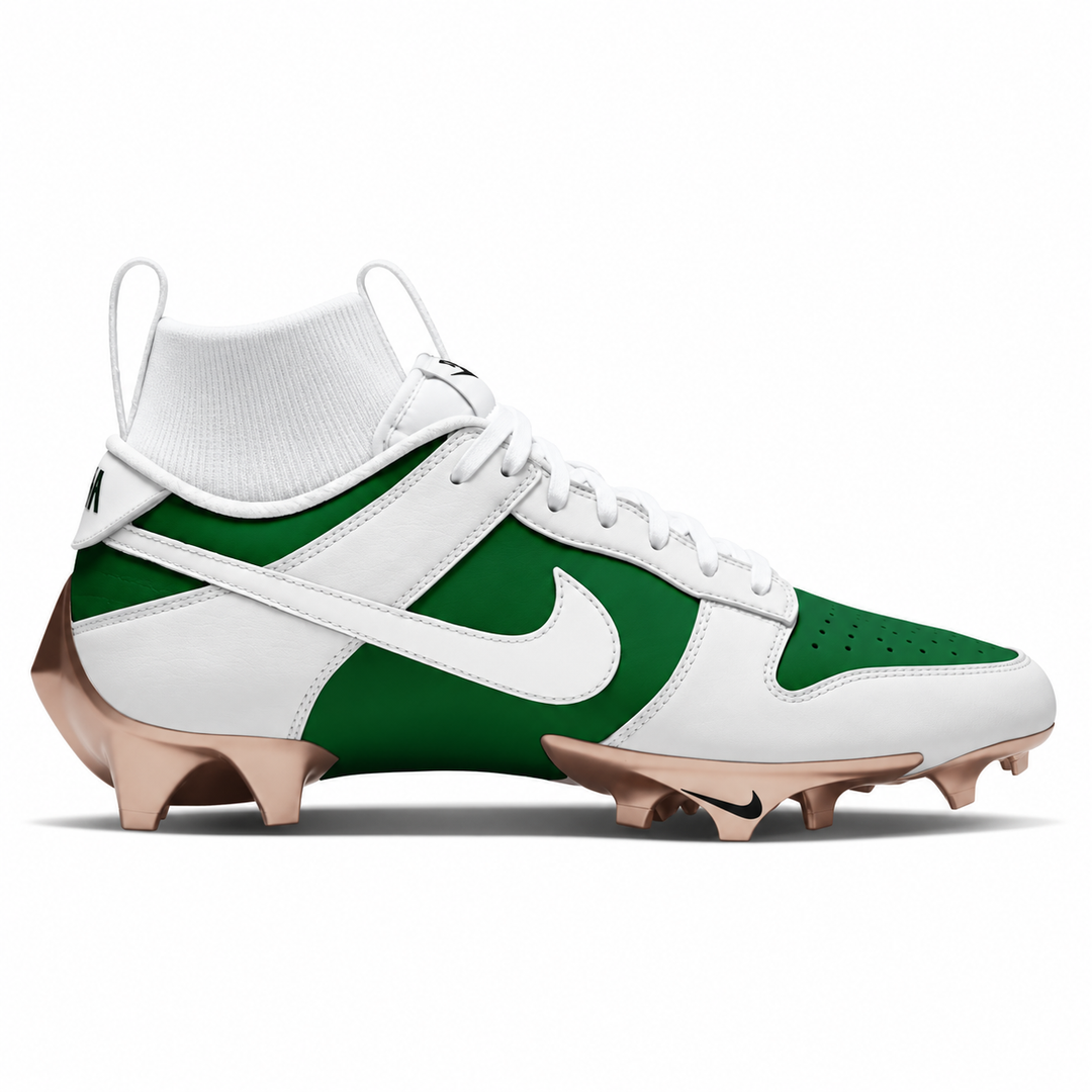 A Nike high-top football cleat in white and green with metallic rose gold cleats, shown in a side profile on a white background.