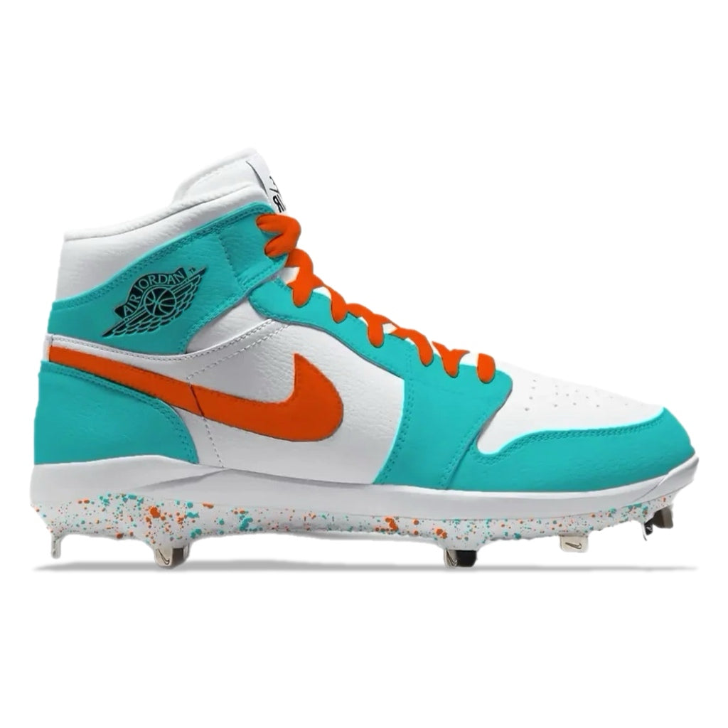 Teal and orange cleated shoe on a white background