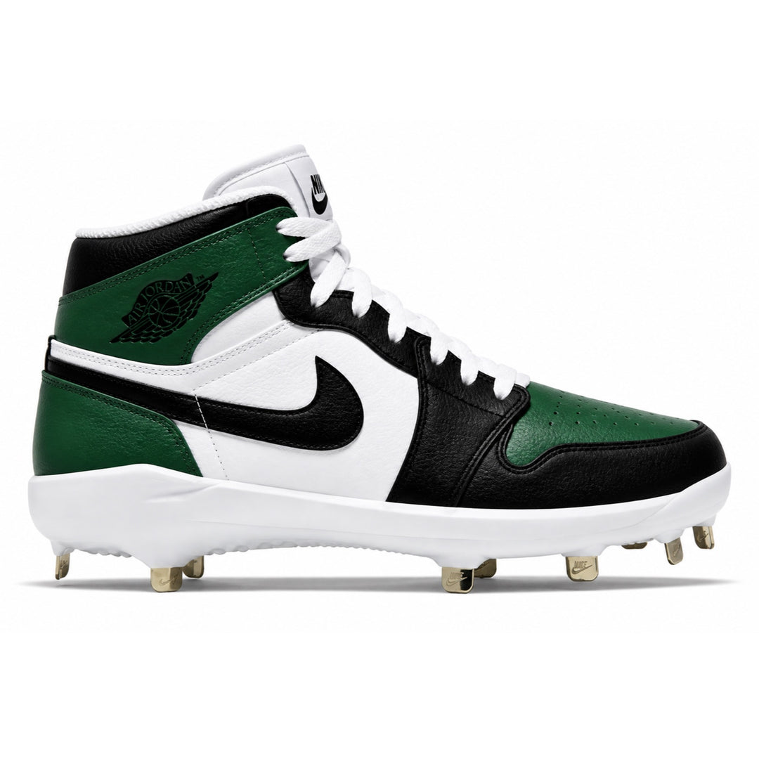 Green, black, and white baseball cleats on a white background.