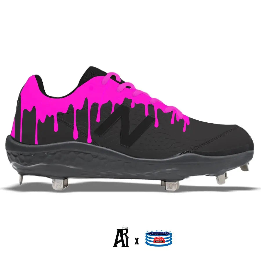 Black New Balance 3000v5 baseball cleat with pink paint drips for sport and style