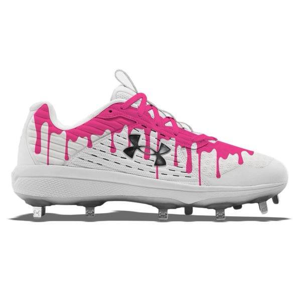Under Armour Yard MT baseball cleats in white with hot pink drip paint design, metal spikes, pink laces, and black UA logo by stadium custom kicks.