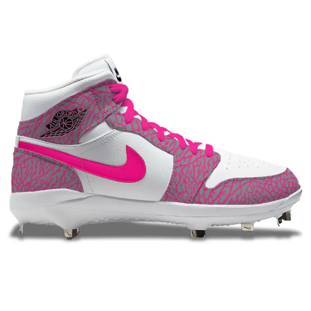 White and pink sports cleat with Nike logo on a white background