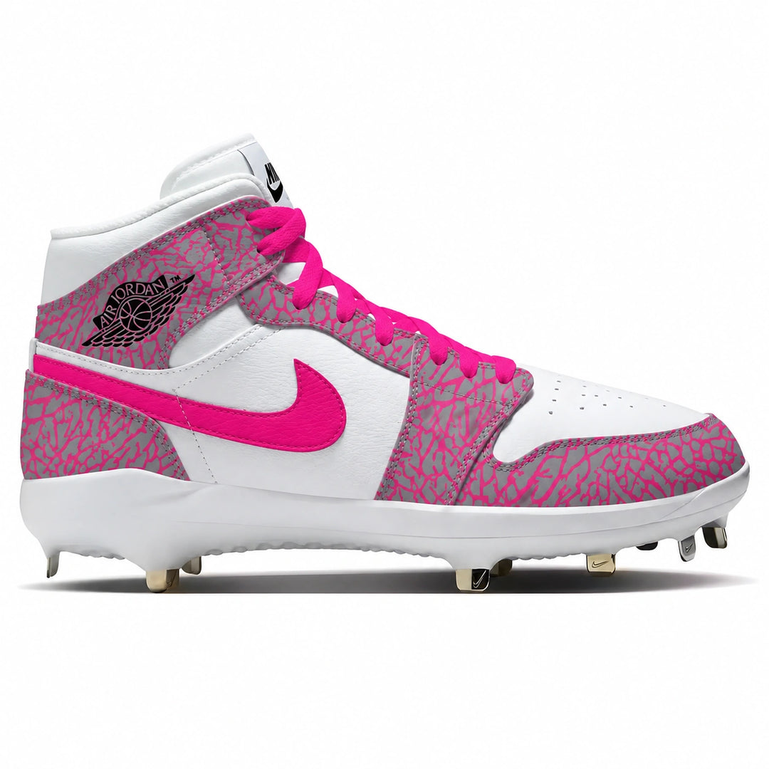 A Nike high-top baseball cleat in white and vibrant pink, featuring a pink elephant print pattern on the overlays, a bright pink Swoosh, and a black Jordan Wings logo on the heel.