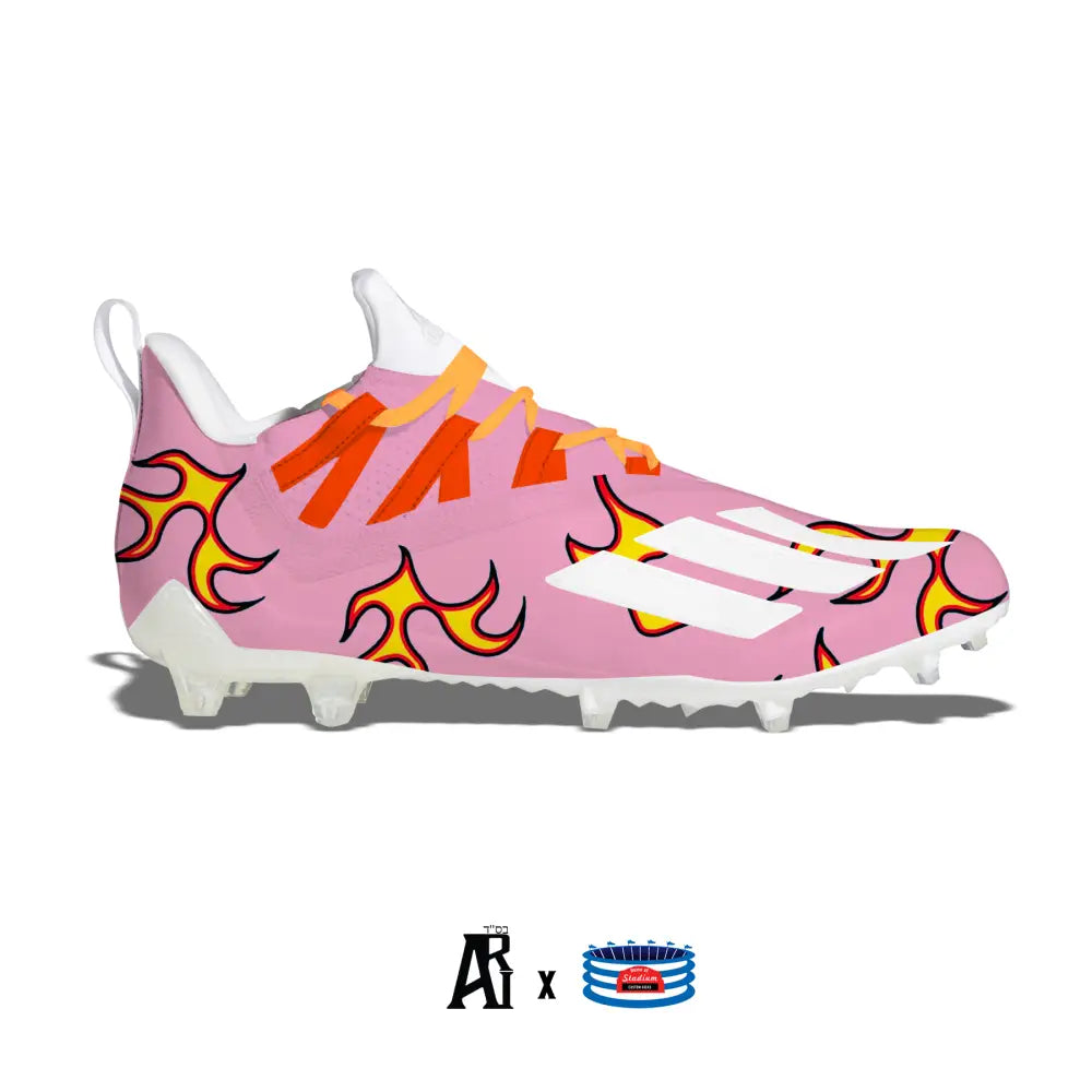 Pink Adidas football cleat with flame design from Pink Flames Adidas Adizero 11.0 collection
