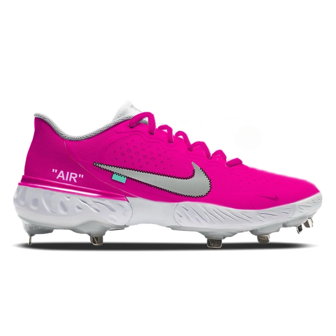 Pink cleated shoe with Nike logo on a white background