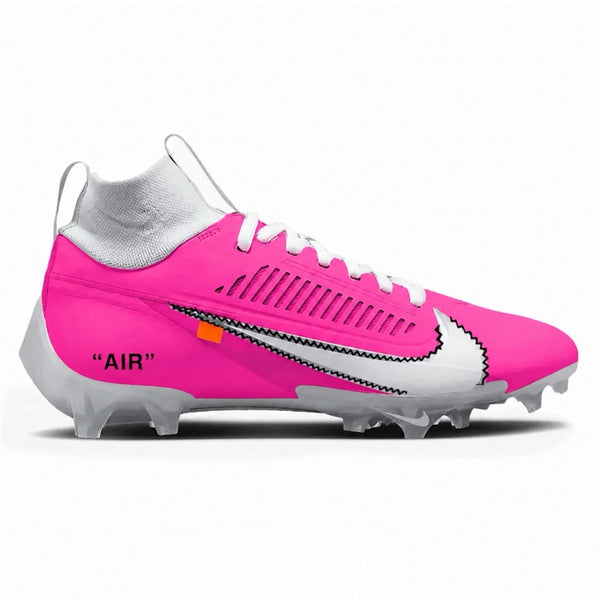 Pink Force OW Nike Vapor Edge Pro 360 2 molded football cleats featuring a vibrant pink upper, Off-White inspired design cues, contrasting white knit ankle collar, deconstructed white Swoosh with black zigzag stitching, quotation-mark "AIR" text branding, and a translucent grey traction outsole with molded cleats by Stadium Custom Kicks.