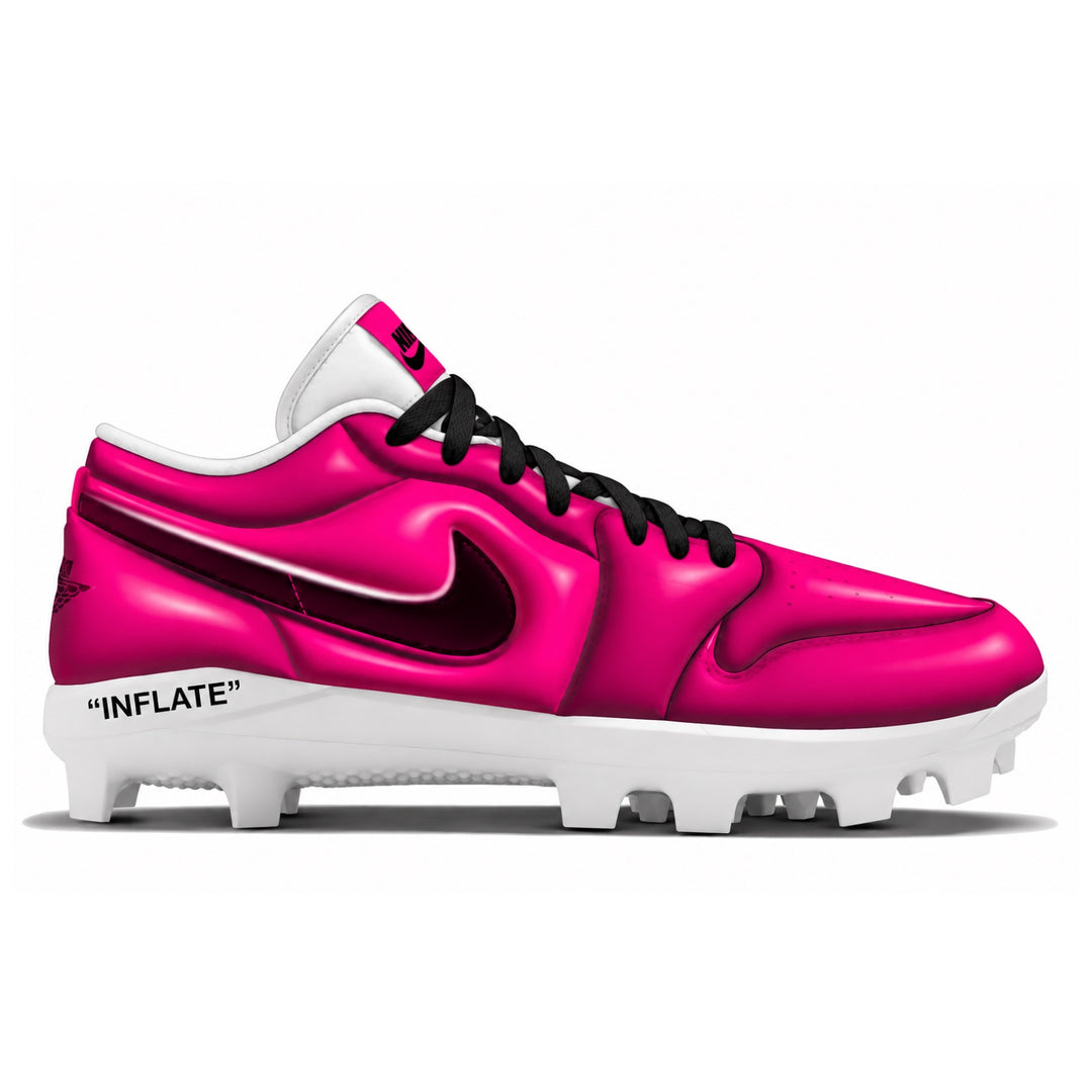 A Nike baseball cleat in a glossy metallic hot pink with a black Swoosh, black laces, and a white sole, shown from the side on a white background.