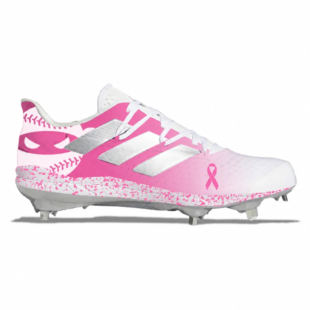 A white and pink baseball cleat with baseball stitching details, a pink ribbon on the side, and a speckled pink and white midsole, shown against a plain white background.