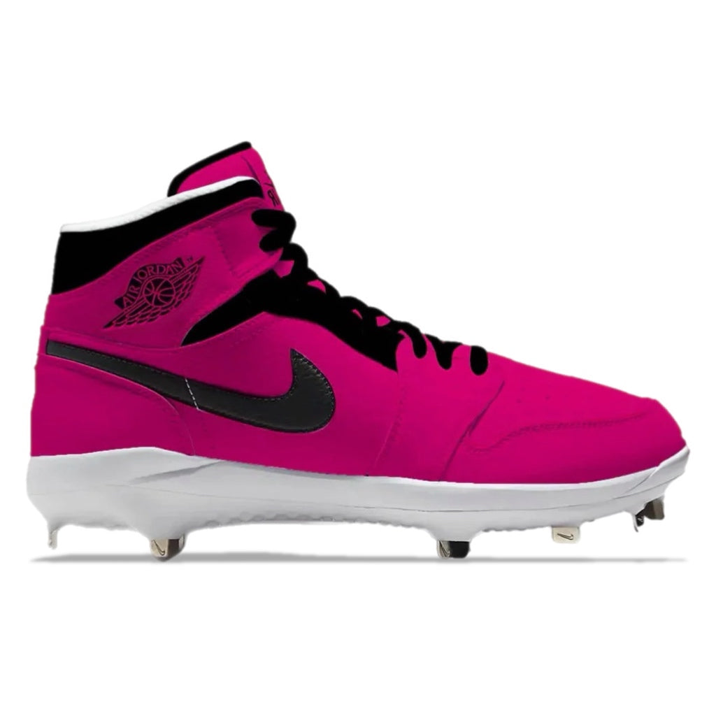 Pink and black Nike cleat on a white background
