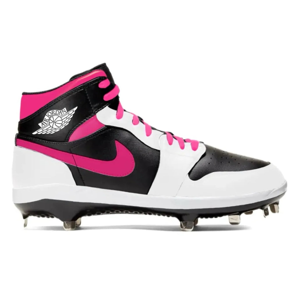 Black, white, and pink cleated shoe on a white background
