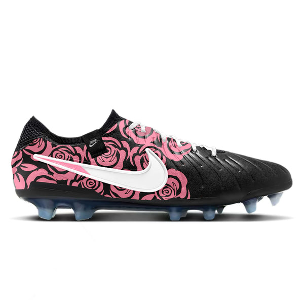 Black low-cut soccer cleats featuring a bold crimson red rose pattern wrapping the heel and midfoot, contrasted with a white side logo, white laces, and a sleek textured forefoot by Stadium Custom Kicks.