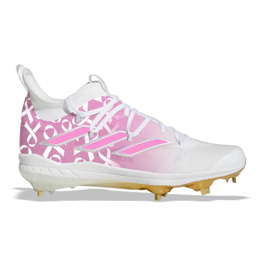Pink and white Adidas Adizero Afterburner mid-top baseball cleats with breast cancer awareness ribbon design by Stadium Custom Kicks
