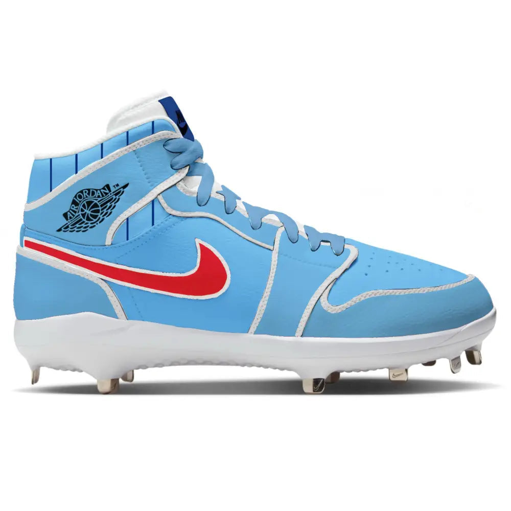 Light blue baseball cleats with red nike swoosh and royal blue pinstripes.