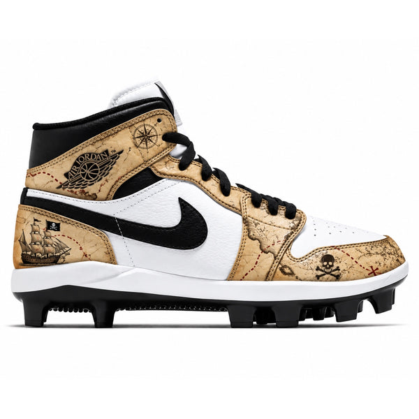 Tan pirate treasure map Jordan 1 Retro MCS baseball cleats side view by Stadium Custom Kicks