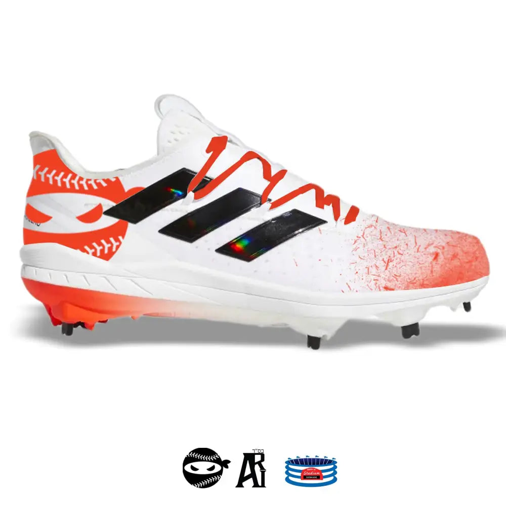 White and orange Adidas baseball cleat from Pitching Ninja Blizzard Afterburner 8 Cleats