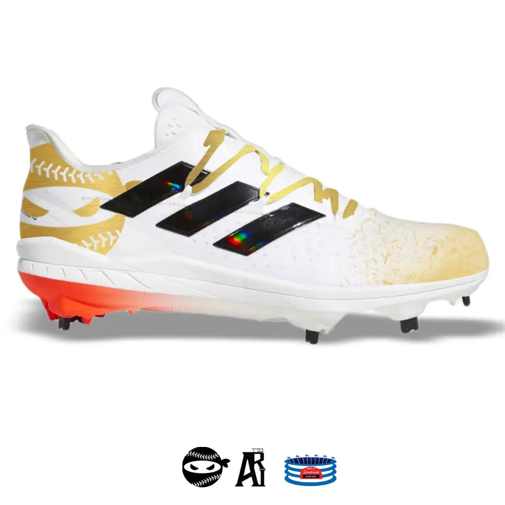 White and gold Adidas Afterburner 8 Cleats for pitching featuring the Pitching Ninja Blizzard design