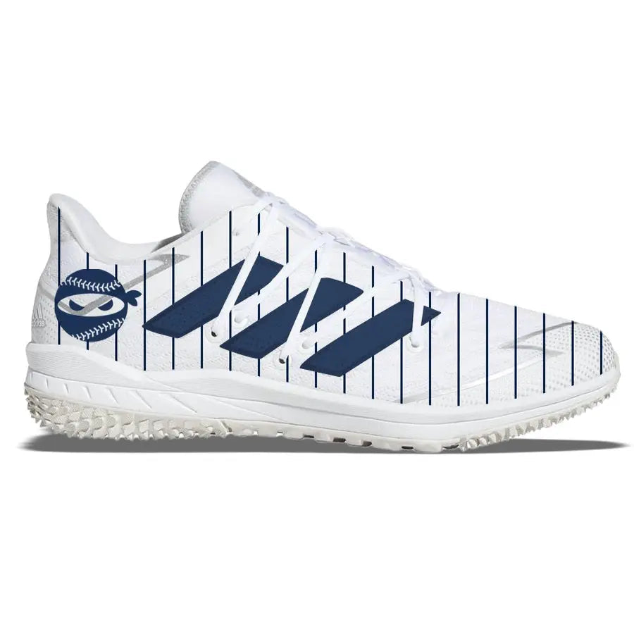 White baseball cleat with blue pinstripes from Pitching Ninja Adidas Afterburner Turf Shoes