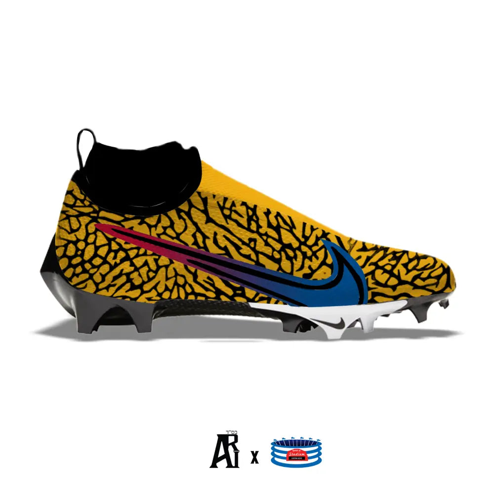 Yellow and black patterned Nike Vapor Pro 360 football cleat from Pittsburgh Elephant collection