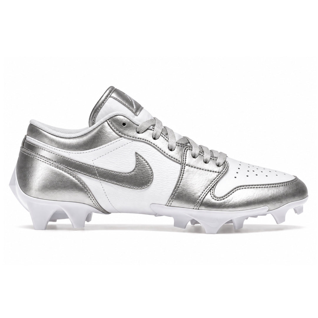 White and metallic silver Jordan 1 Vapor Edge Low cleats with silver Swoosh silver laces and white cleat plate side view by Stadium Custom Kicks