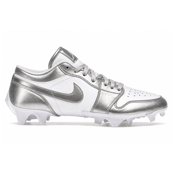 White and metallic silver Jordan 1 Vapor Edge Low cleats with silver Swoosh silver laces and white cleat plate side view by Stadium Custom Kicks