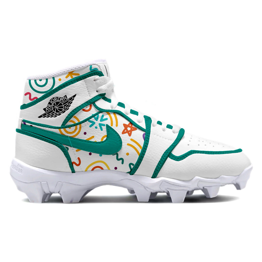 Green and red cleats with Nike logo on a white background