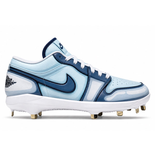 Custom ice blue and navy Jordan 1 Retro cleats with a metal spike sole and gold accents for a clean, cool-toned look — by Stadium Custom Kicks