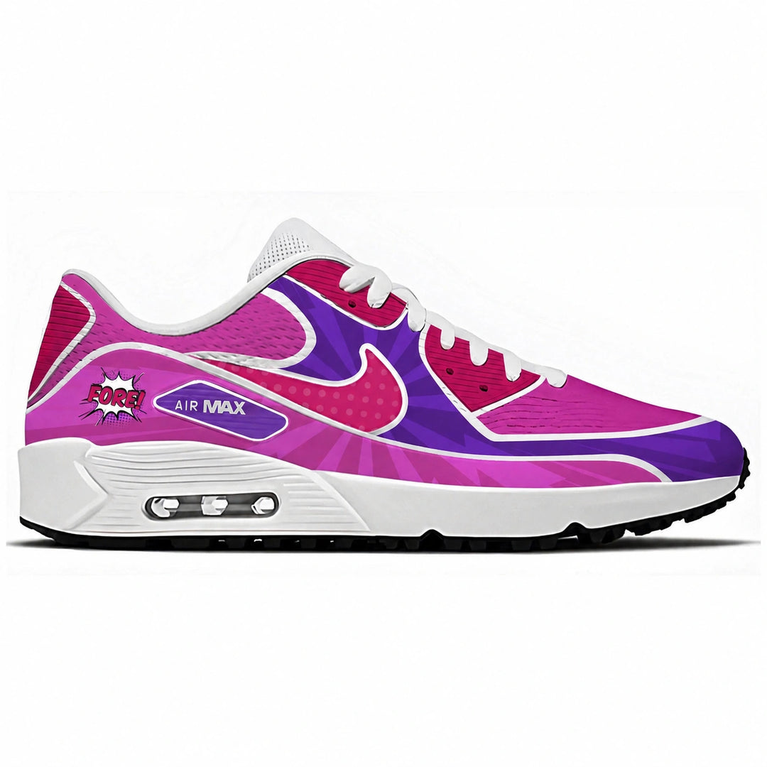 A Nike Air Max golf sneaker in a vibrant pink and purple comic-book style graphic, featuring a white midsole and white laces, shown from a side profile on a white background.
