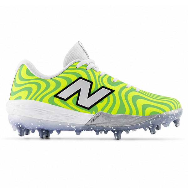 Custom colorway featuring a neon yellow and green psychedelic swirl pattern with a speckled grey outsole by Stadium Custom Kicks