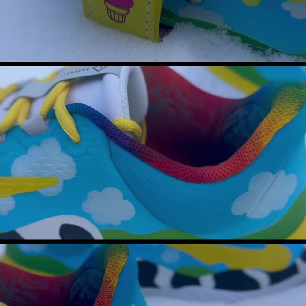 Video showcasing the Chunky Dunky leather baseball belt paired with matching Nike Alpha Huarache Elite 4 Low cleats, featuring blue sky clouds, green field graphics, yellow drip details, and ice cream–inspired accents.