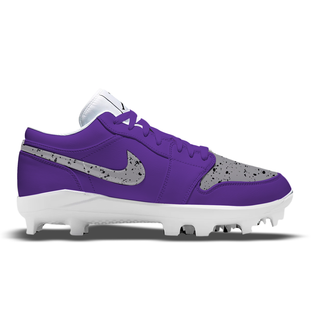 Purple and gray cleated shoe on a white background
