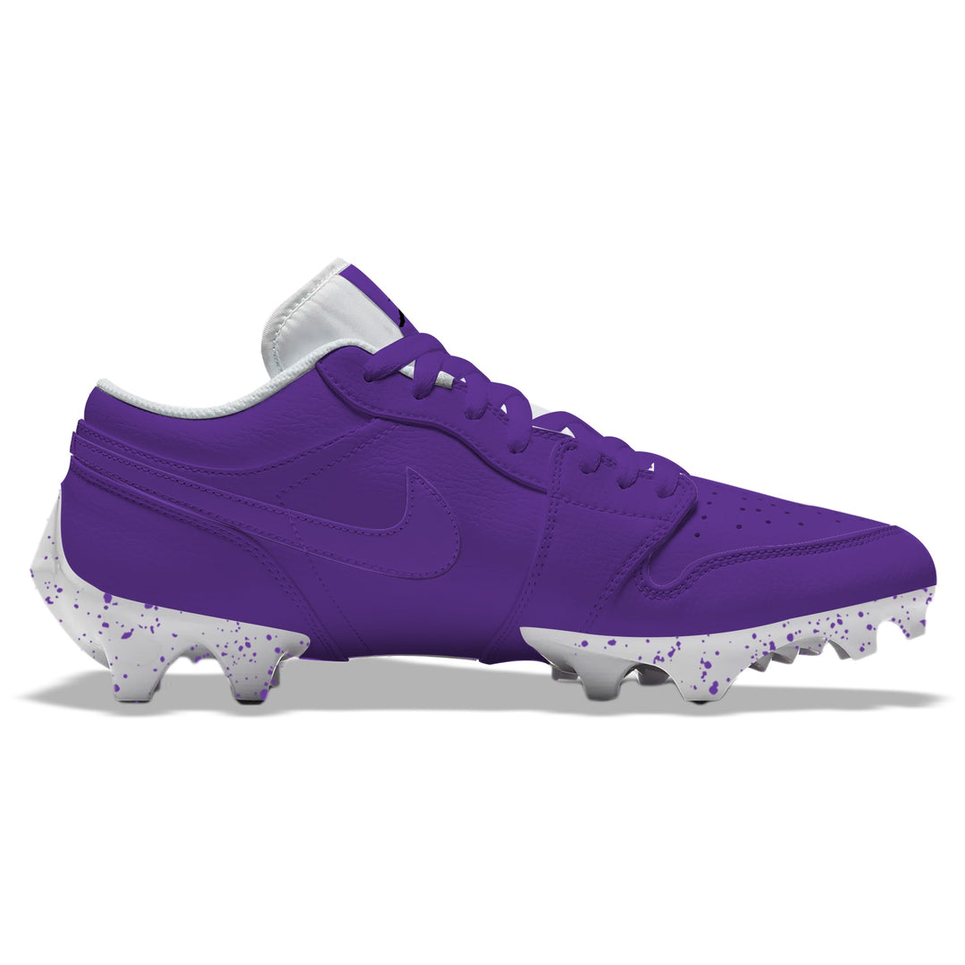 Purple Color Rush Jordan 1 Vapor Edge Low football cleats in purple with tonal Nike Swoosh and white splatter-patterned sole, side profile on a white background.