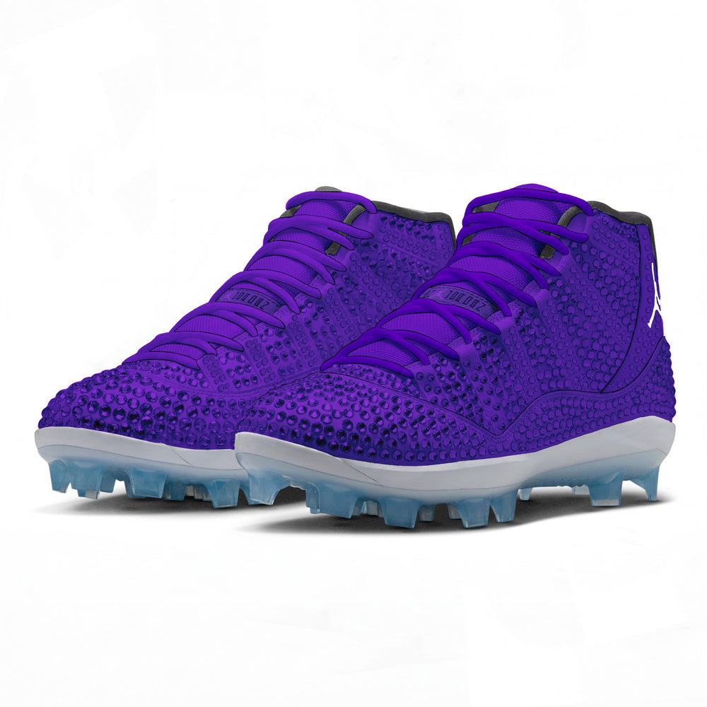 Purple Crystals colorway featuring an all-purple upper with a tonal crystal-textured pattern, white Jumpman logo, black collar lining, purple laces, and a white midsole with icy translucent cleat outsole angled view by Stadium Custom Kicks