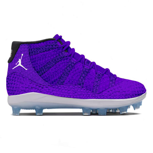 Purple Crystals colorway featuring an all-purple upper with a tonal crystal-textured pattern, white Jumpman logo, black collar lining, purple laces, and a white midsole with icy translucent cleat outsole, side view by Stadium Custom Kicks. 