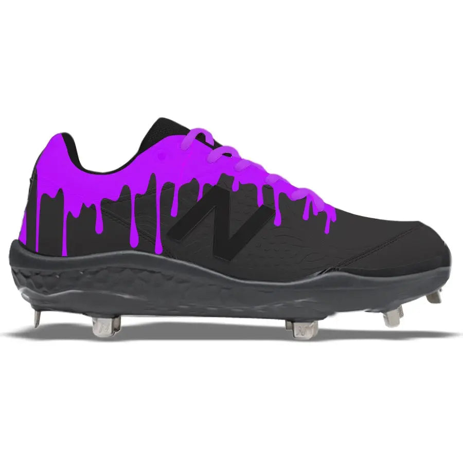 Black New Balance 3000v5 baseball cleat with purple paint drip design