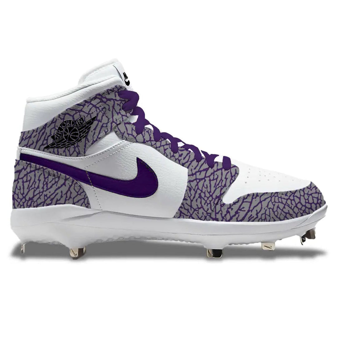White and purple Baseball Cleat from Purple Elephant Jordan 1 Retro Cleats